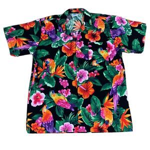VTG Caribbean Club Hawaiian Floral Parrot Shirt Mens L St Kitts All Over Print